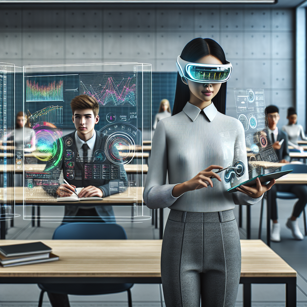 A futuristic classroom setting where diverse technology is being integrated with education. In the foreground, an Asian female teacher using a transparent futuristic device for grading student tasks, which displays colorful analytical graphs related to student's performance. In the middle ground, a Caucasian male student is using an augmented reality headset, learning a complex topic in a virtual environment. In the background, rows of sleek desks equipped with high-tech gadgets, digital whiteboards, and holographic projections. The overall ambiance exudes a sense of advanced learning environment.