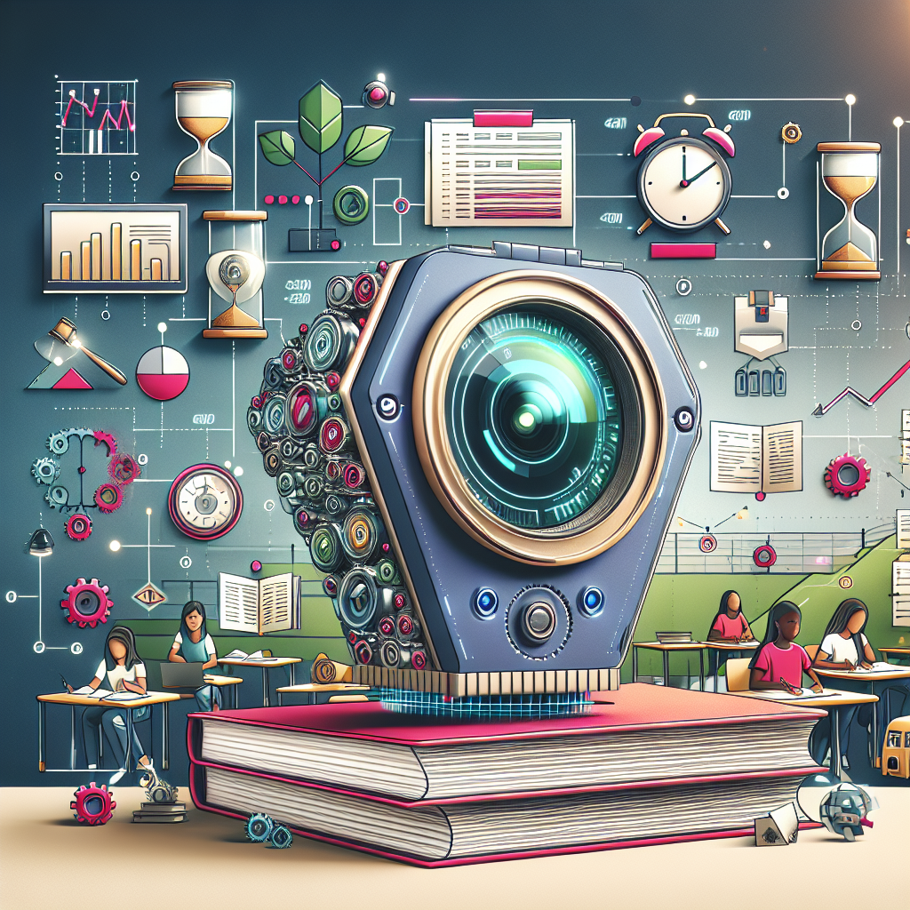 Visualize an advanced AI system named 'GradeLab', nestled into an environment indicative of education and technology. Represent it as a dynamic machine, examining a pile of papers with an attentive lens, symbolizing automatic grading. In the background, incorporate elements such as classrooms, students of diverse descents and genders studying, without specific focus on them. Juxtapose the whole scene with a productivity, time-saving theme. Key elements could include ticking clocks or sandglasses to indicate improved efficiency or a smooth transitioning progress bar. Balance a vibrant color scheme with a chic tech aesthetic.