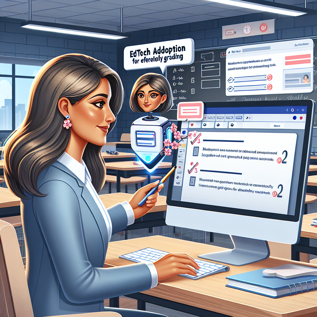 Illustrate an innovative educational technology scenario showing a South Asian female teacher using advanced AI grading tools on a computer. Included in the image are multiple choice questions and essays on her computer screen, an interactive 3D AI model that effortlessly grades the assignments, and a satisfaction expression on the teacher's face. The background displays a well-organized, modern classroom with well-arranged desks and chairs. A sign with 'EdTech Adoption: Must-Have AI Grading Tools for Effortless Grading' is hanging on a wall.