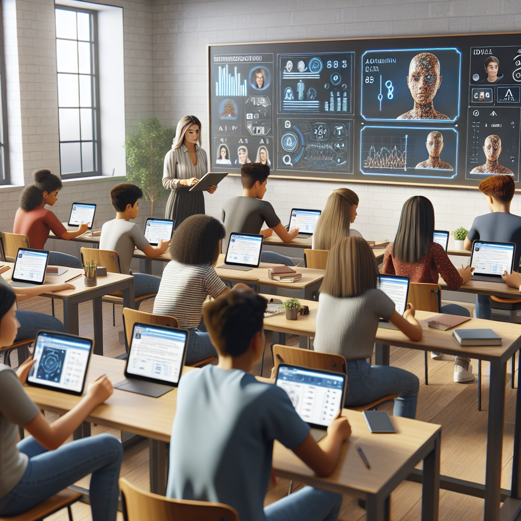 A classroom scene where students, with a diverse blend of South Asian, Hispanic, and White lineage, both genders present, are sitting at their desks using their individual tablets. The students are interacting with AI-based educational software, solving complex problems. On the digital blackboard at the front of the room, it displays real-time progress of students' work. A female teacher of Middle-Eastern descent is monitoring the progress from her computer. She is assisted by an AI avatar on the screen displaying statistics and performance feedback of the students. Reflect an ambience of modern, digital learning.