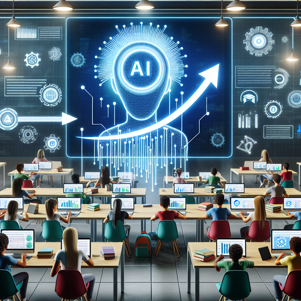 Create a composition that illustrates the concept of EdTech adoption, emphasizing the necessity of AI grading tools for effortless assessment. The scene can depict a futuristic, brightly lit classroom with students of various genders and descents engaging in digital learning on their high-tech devices. In the center, display a sophisticated AI technology symbol, arrows flowing from the AI symbol towards the students' devices, implying its usage for grading. Infographics scattered in the background illustrating the rise in AI adoption in education can further enhance the concept.