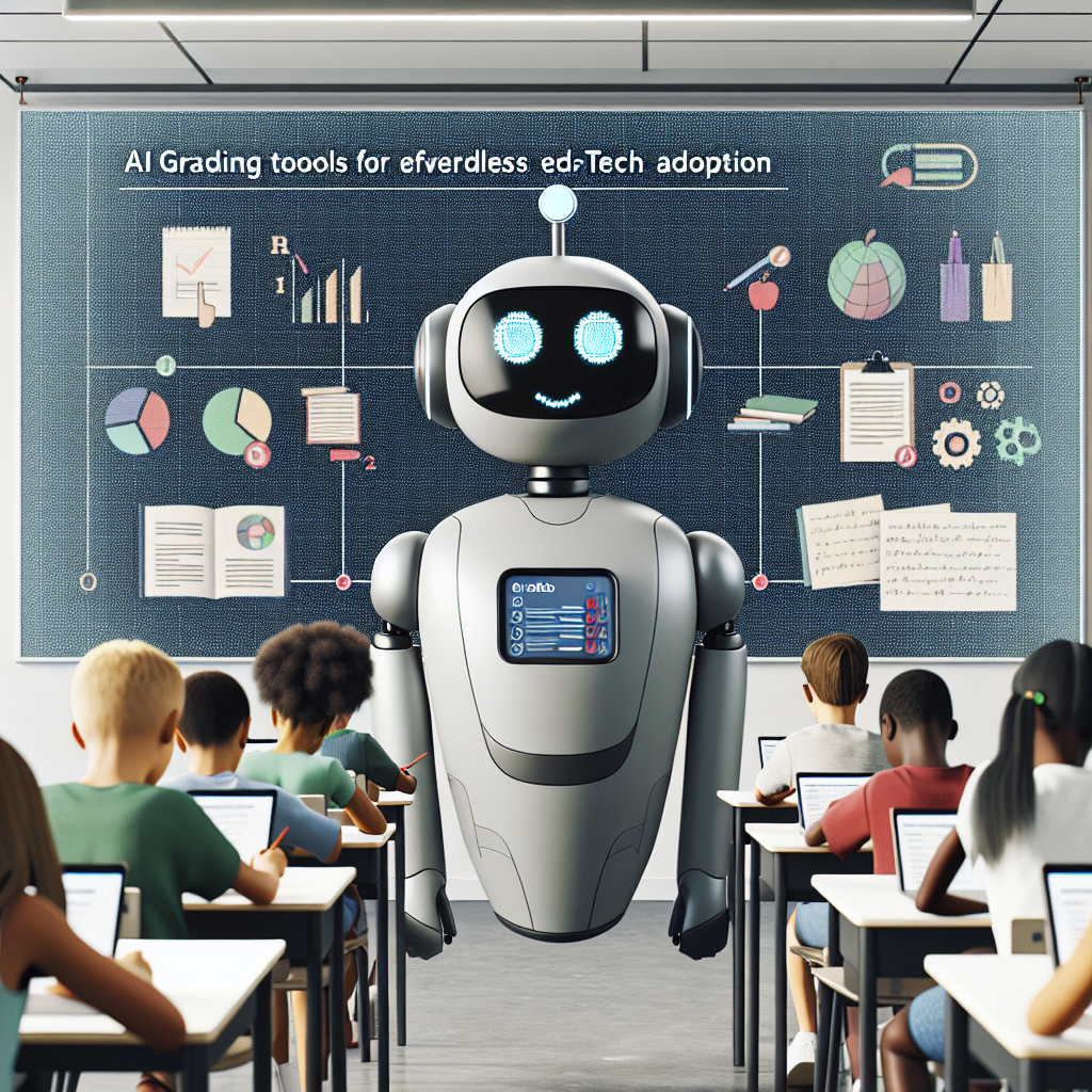Visualize a modern classroom setting with students of varied descents, including Hispanic, Black, Caucasian, and South Asian, focused on their digital devices. Prominently in the center of the room, there's an AI-robot teacher distributing various markings to the students' work. The robot teacher, is a sleek, futuristic design with friendly eyes and a neutral expression, as a symbol of unbiased grading. On the whiteboard behind the AI, digitally projected, there's a logo reading 'GradeLab', with graphics suggestive of an educational tech tool, and the words 'AI Grading Tools for Effortless EdTech Adoption'.