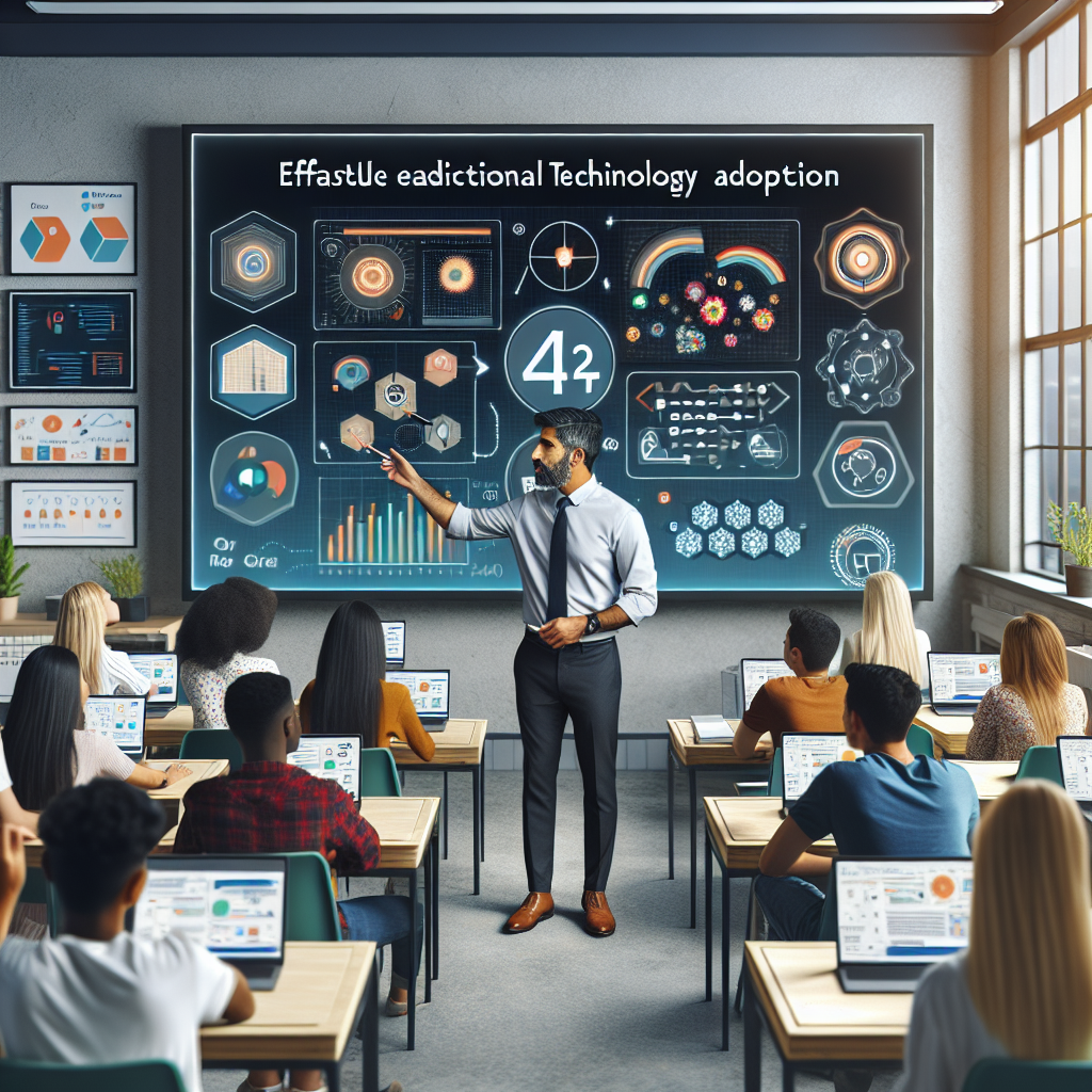 Create an image that represents an effortless educational technology adoption for teachers. Picture this as a framed scene in a modern, well-equipped classroom setting. On one side of the image, a South Asian male teacher is seen using a high-tech interactive whiteboard with ease, showing a vibrant visual display of the GradeLab interface. On the other side, a group of diverse students are attentively watching, their faces lit with enthusiasm. The classroom environment should feel friendly and technologically advanced, with laptops on each student's desk, various relevant infographics and charts on the walls, and the effectiveness of GradeLab's seamless EdTech integration evident in the scene.