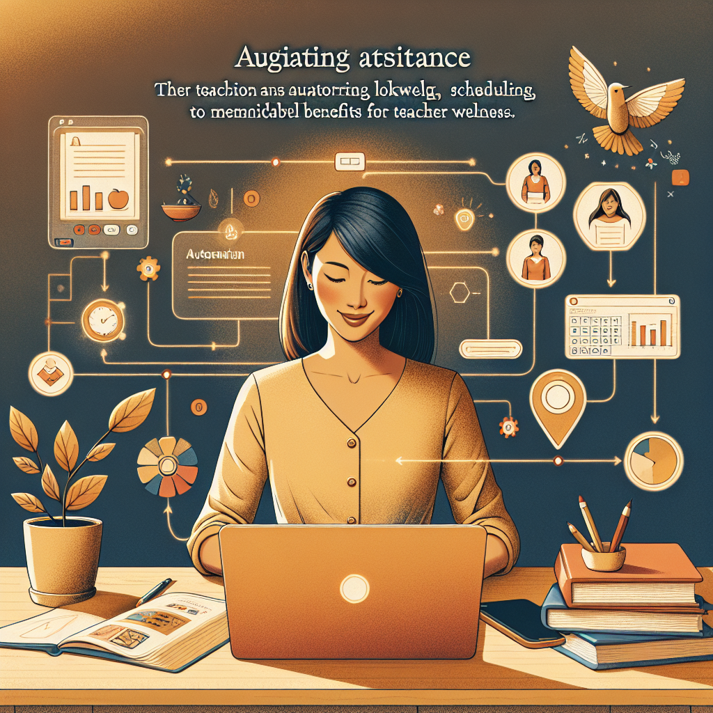 Visualize an engaging scene for a written article, which portrays a serene and calm environment of a classroom where an Asian female teacher is using advanced technology on her laptop. The technology is meant to assist with her teaching workload, including scheduling, grading, and curriculum setup. This digital assistant denotes automation in education. The setup leads to remarkable benefits for teacher wellness. Include elements like an organised desk, digital icons denoting various tasks that are being automated and the visibly relaxed demeanor of the teacher. Use warm colors to emphasize tranquility.