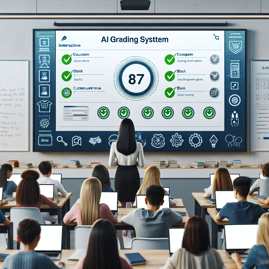 Envision a modern and clean classroom filled with diverse students. In the center, a large digital smart board displays an intuitive and user-friendly AI grading system. The grading tool is auto-correcting a set of papers, with green checkmarks appearing next to each correct answer. Visible interactive features include speech-recognition, customized feedback options, and data analytics section. Also, show a happy Asian female teacher observing the grading tool with satisfaction. In the background, students of various genders and descents - Caucasian, Hispanic, Black, Middle-Eastern, and South Asian - are working on their laptops, receiving instant grading feedback and guidance.
